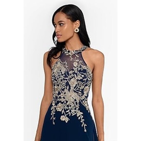 Betsy & Adam Womens Size Petite 4P Navy Long Embroidered Halter Chiffon Gown NEW - Picture 4 of 4